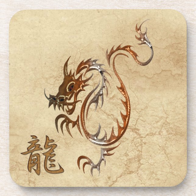 Chinese Copper Dragon on Faux Parchment Beverage Coaster (Front)