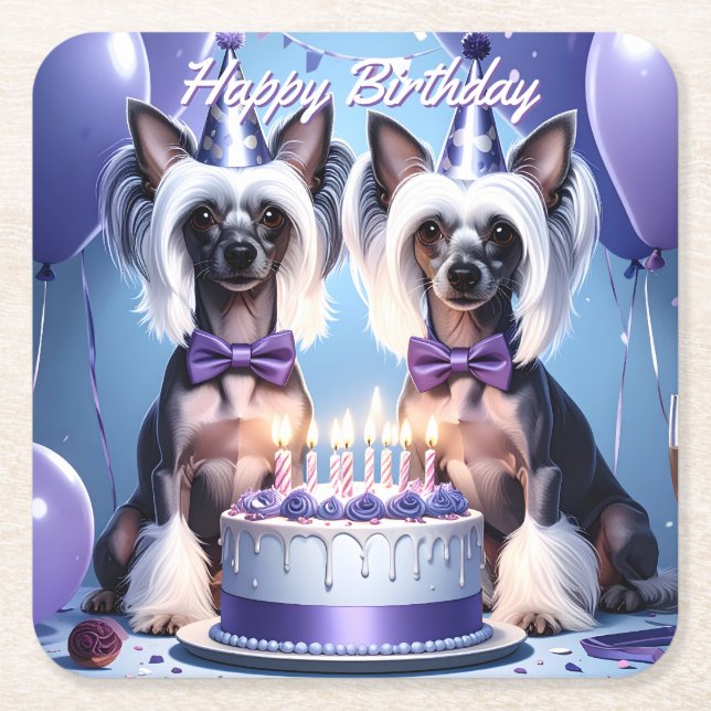 Chinese Crested Birthday Square Paper Coaster (Front)