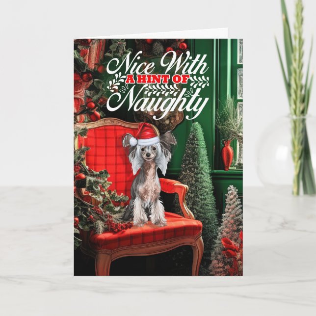 Chinese Crested Christmas Dog Naughty or Nice Holiday Card (Front)