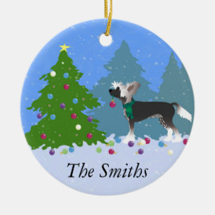 Chinese Crested Decorating a Christmas Tree Ceramic Ornament