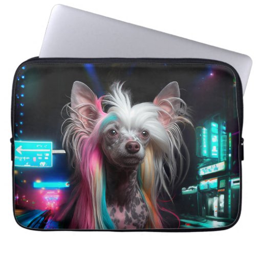 Chinese Crested Dog Neon City Night Laptop Sleeve