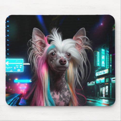Chinese Crested Dog _ Neon City Night Mousepad