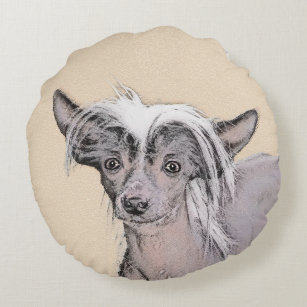 Chinese Crested Hairless Painting Original Dog Art Round Pillow