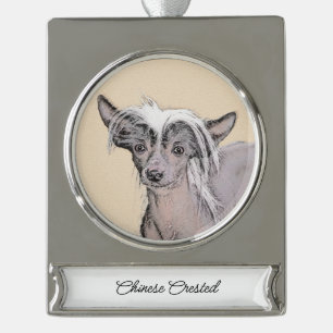 Chinese Crested Hairless Painting Original Dog Art Silver Plated Banner Ornament