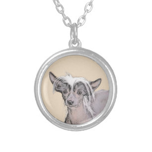 Chinese Crested Hairless Painting Original Dog Art Silver Plated Necklace