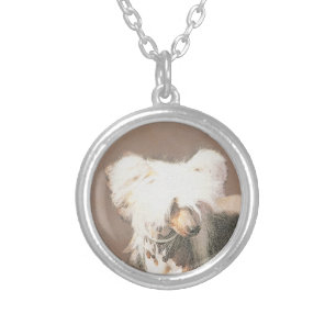 Chinese Crested Hairless Painting Original Dog Art Silver Plated Necklace