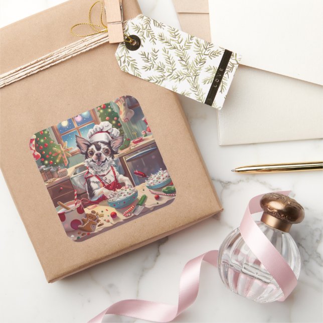 Chinese Crested Holiday Baking: Festive Christmas Square Sticker (Gifting)