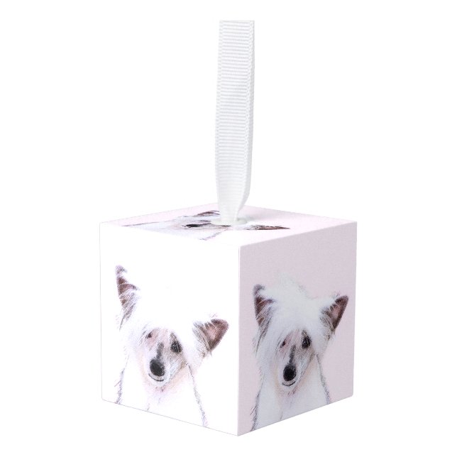 Chinese Crested Powderpuff Painting - Dog Art Cube Ornament (Front Angled)
