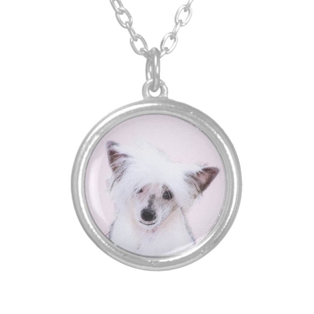 Chinese Crested Powderpuff Painting - Dog Art Silver Plated Necklace (Front)