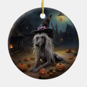 Chinese Crested Pumpkins Halloween Scary Ceramic Ornament