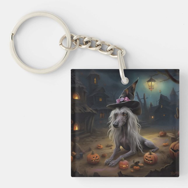 Chinese Crested Pumpkins Halloween Scary  Keychain (Front)