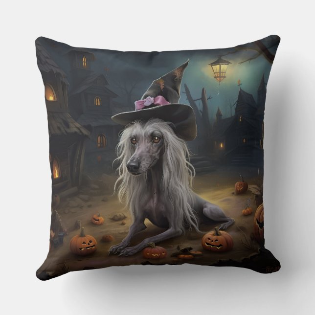 Chinese Crested Pumpkins Halloween Scary  Throw Pillow (Back)