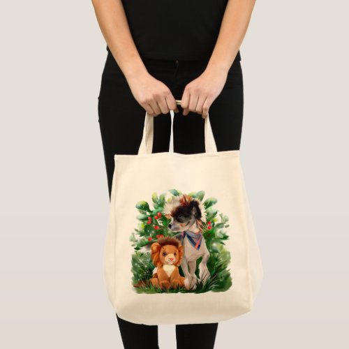 Chinese crested puppy and toy lion tote bag