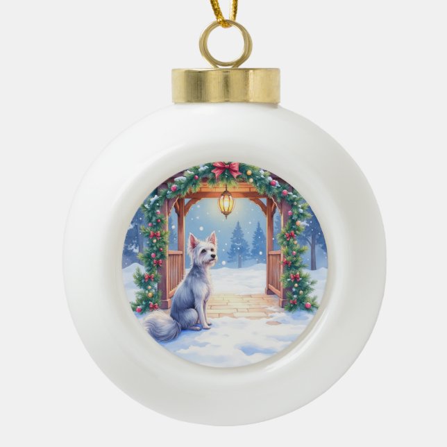 Chinese Crested Snowy Gazebo Christmas Art Ceramic Ball Christmas Ornament (Front)
