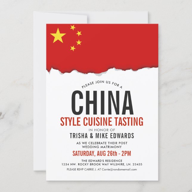 Chinese Cuisine | Party Flag White Invite (Front)