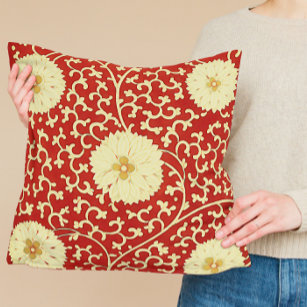 Chinese Dahlia pattern in red and cream Throw Pillow