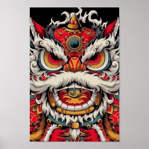 Chinese Dancing Lion Colorful Illustration Poster