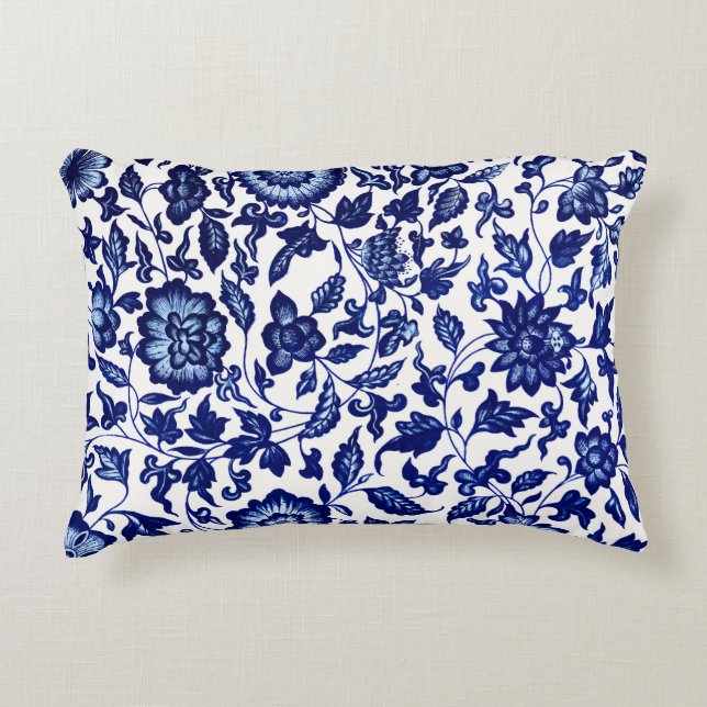 Chinese Dark navy blue floral pattern on white Accent Pillow (Front)