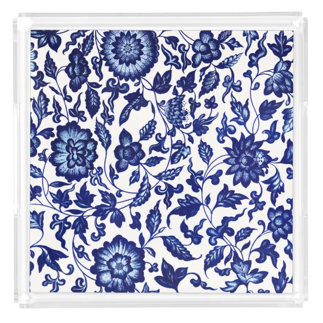 Chinese Dark navy blue floral pattern on white Acrylic Tray (Front)