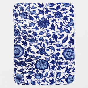 Chinese Dark navy blue floral pattern on white Baby Blanket