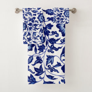 Chinese Dark navy blue floral pattern on white Bath Towel Set