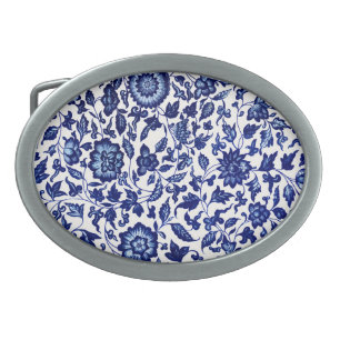 Chinese Dark navy blue floral pattern on white Belt Buckle