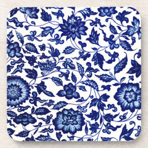 Chinese Dark navy blue floral pattern on white Beverage Coaster