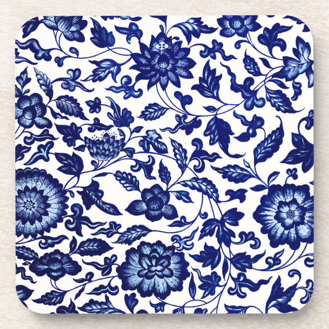 Chinese Dark navy blue floral pattern on white Beverage Coaster (Front)