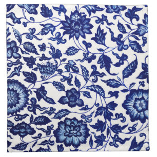 Chinese Dark navy blue floral pattern on white Cloth Napkin