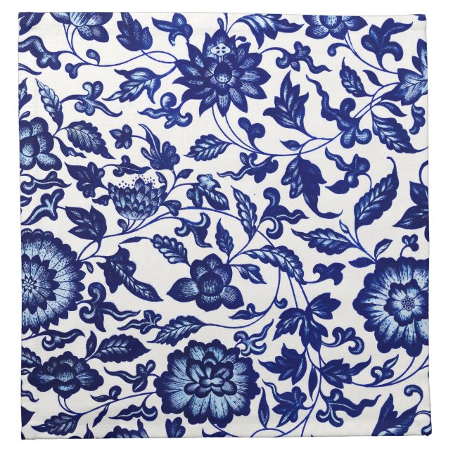 Chinese Dark navy blue floral pattern on white Cloth Napkin (Front)