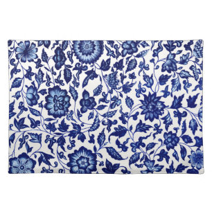 Chinese Dark navy blue floral pattern on white Cloth Placemat
