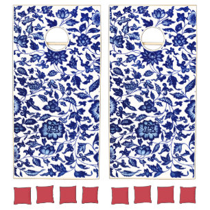 Chinese Dark navy blue floral pattern on white Cornhole Set