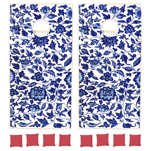 Chinese Dark navy blue floral pattern on white Cornhole Set (Set)