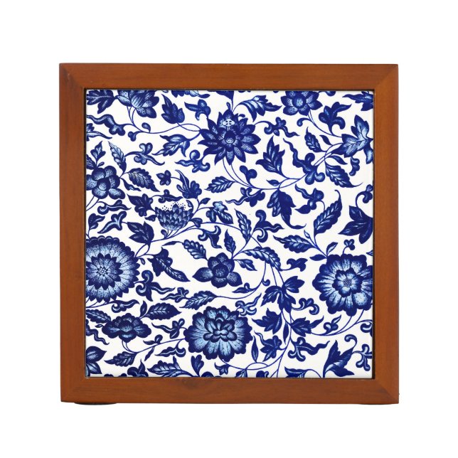 Chinese Dark navy blue floral pattern on white Desk Organizer (Front)