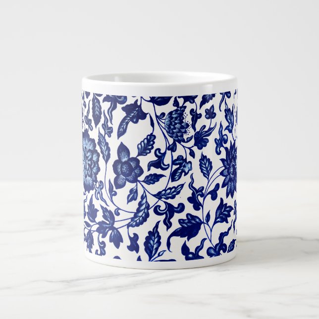 Chinese Dark navy blue floral pattern on white Giant Coffee Mug (Front)