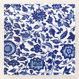 Chinese Dark navy blue floral pattern on white Glass Coaster