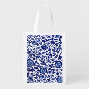 Chinese Dark navy blue floral pattern on white Grocery Bag