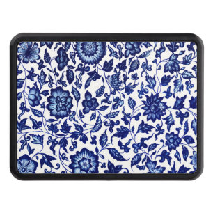Chinese Dark navy blue floral pattern on white Hitch Cover