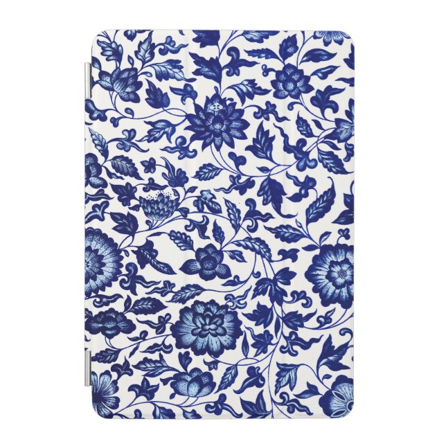 Chinese Dark navy blue floral pattern on white iPad Mini Cover (Front)