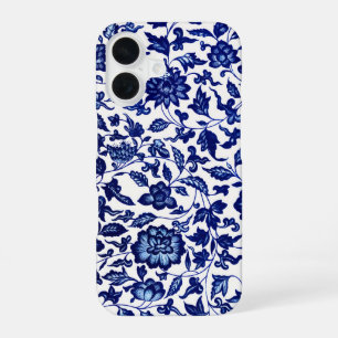 Chinese Dark navy blue floral pattern on white iPhone 16 Case