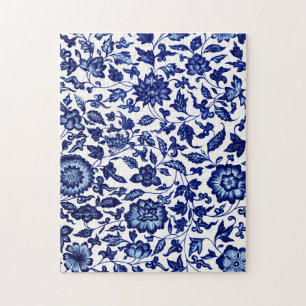 Chinese Dark navy blue floral pattern on white Jigsaw Puzzle