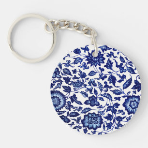 Chinese Dark navy blue floral pattern on white Keychain