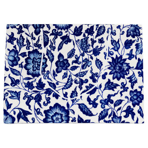 Chinese Dark navy blue floral pattern on white Large Gift Bag