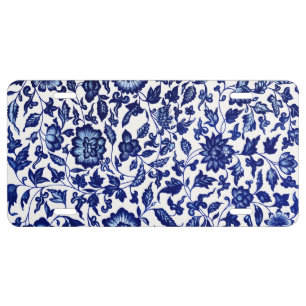 Chinese Dark navy blue floral pattern on white License Plate
