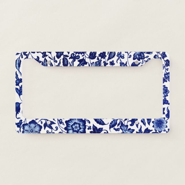 Chinese Dark navy blue floral pattern on white License Plate Frame (Front)