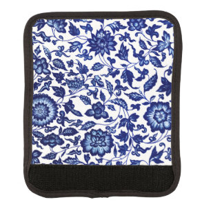 Chinese Dark navy blue floral pattern on white Luggage Handle Wrap