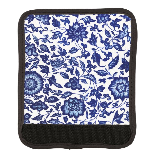 Chinese Dark navy blue floral pattern on white Luggage Handle Wrap (Front)