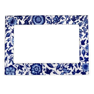 Chinese Dark navy blue floral pattern on white Magnetic Frame