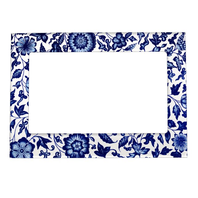Chinese Dark navy blue floral pattern on white Magnetic Frame (Front)