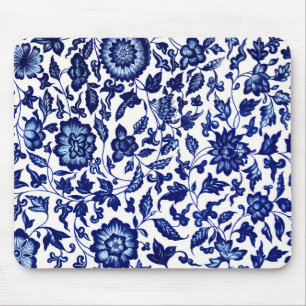Chinese Dark navy blue floral pattern on white Mouse Pad